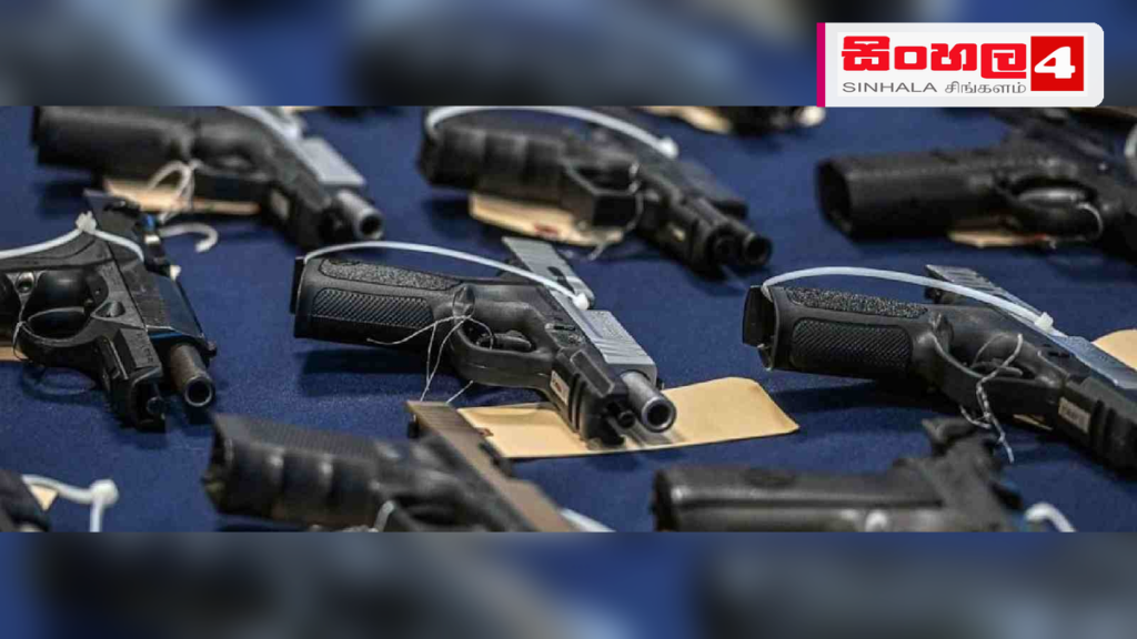 Headline: දිවයින පුරා නීතිවිරෝධී ගිනි අවි ලක්ෂයක් පමණ සංසරණය වන බවට අනාවරණයක් Intended image subject: Sri Lanka Police officer with confiscated weapons Story summary: ශ්‍රී ලංකාව ත
