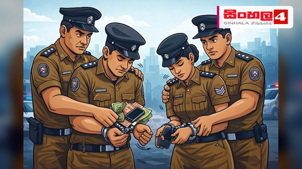 Headline: ගංජා හේනක් වටලා රුපියල් ලක්ෂ 5ක අල්ලසක් ගත් පොලිස් නිලධාරීන් සිව්දෙනෙකු අත්අඩංගුවට Intended image subject: Sri Lanka Police officers in uniform Story summary: තණමල්විල ප්