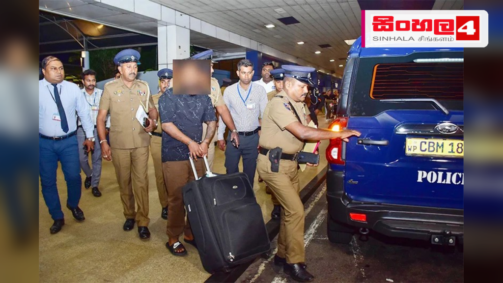Headline: විදෙස්ගතව සැඟව සිටි 'සමිත්පුර චතූ' මෙරටට රැගෙන එයි Intended image subject: Police escorting a suspect at the airport Story summary: ඕමානයේ සැඟව සිටි 'සමිත්පුර චතූ' නමැති