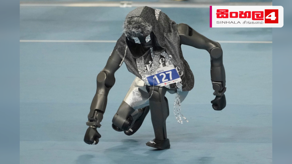 Headline: මීටර් 100 ධාවන වාර්තාව බිඳ දමන රොබෝවෙක් Intended image subject: Humanoid robot running on track Story summary: චීනයේ පැවති රොබෝ ක්‍රීඩා උළෙලකදී මානව රූපී රොබෝවෙකු තත්පර 9