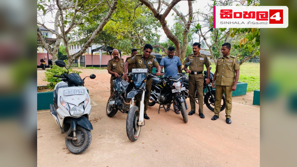 Headline: නිකවැරටියේදී අධි ධාරිතා යතුරුපැදි 04ක් සහ තරුණයින් සිව්දෙනෙකු පොලිස් භාරයට Intended image subject: Police officers inspecting seized motorcycles Story summary: ව්‍යාජ අංක