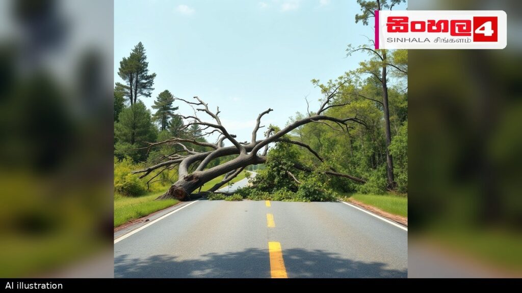 Headline: පානදුර - රත්නපුර මාර්ගයේ ගමනාගමනයට බාධා Intended image subject: Fallen tree on a road Story summary: පානදුර - රත්නපුර ප්‍රධාන මාර්ගයේ නම්බපාන ප්‍රදේශයේදී ගසක් කඩා වැටීම හ
